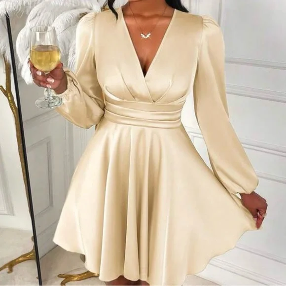 Chic Beige Long Sleeve Dress - Picture 2 of 7